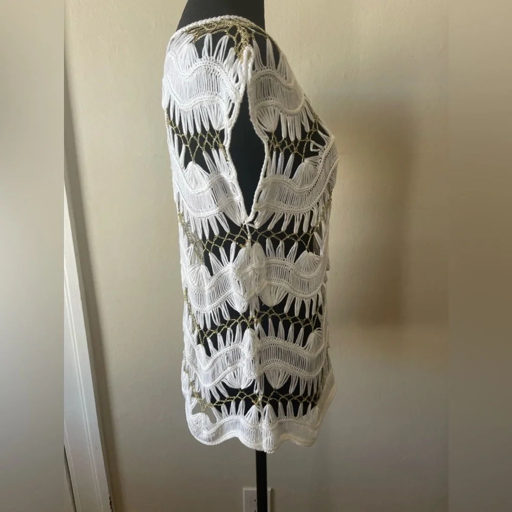Venus white crotched/gold thread chain look swim cover up, size med, like new - Picture 7 of 8